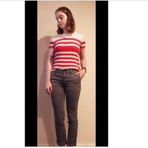 Grey, low-rise chino pants by Gap.